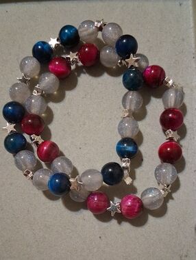 Blue & Rose Red Tigers Eye Beaded Stretch Bracelet with Star Accents